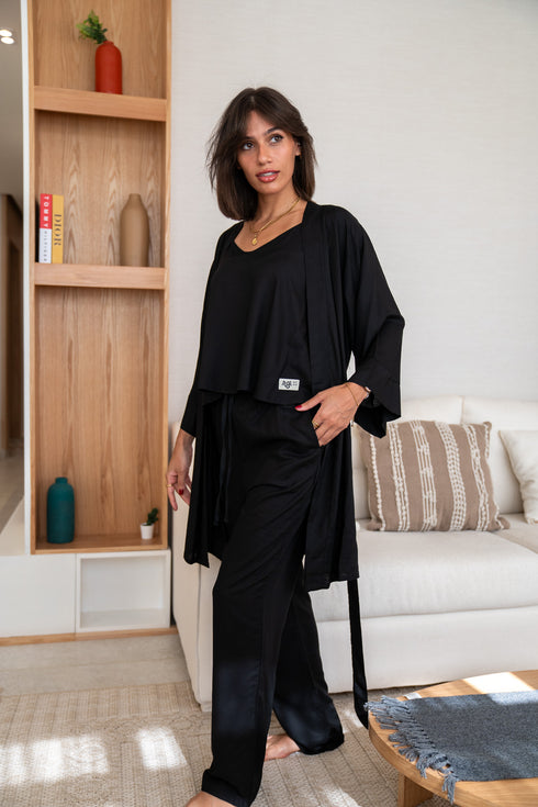 Women summer 3 piece pajama set  Black Top + Black kimono & Pants